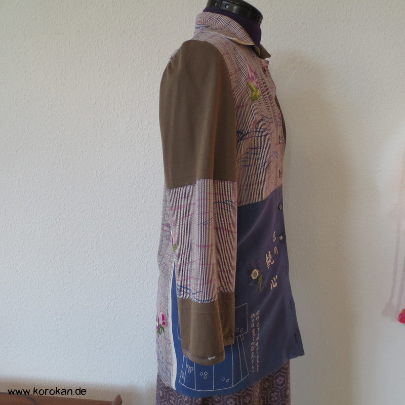 Blüten, Kanji, Stickerei, Seide, Viscose, Baumwolljersey Zero Waste langarm Bluse