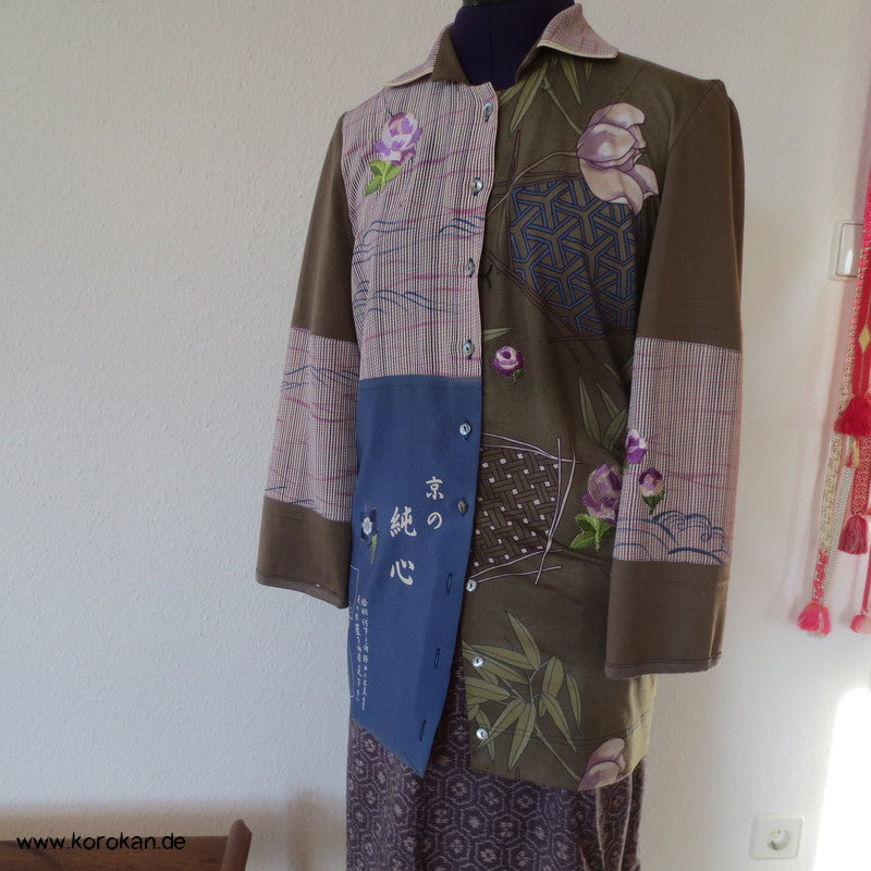Blüten, Kanji, Stickerei, Seide, Viscose, Baumwolljersey Zero Waste langarm Bluse