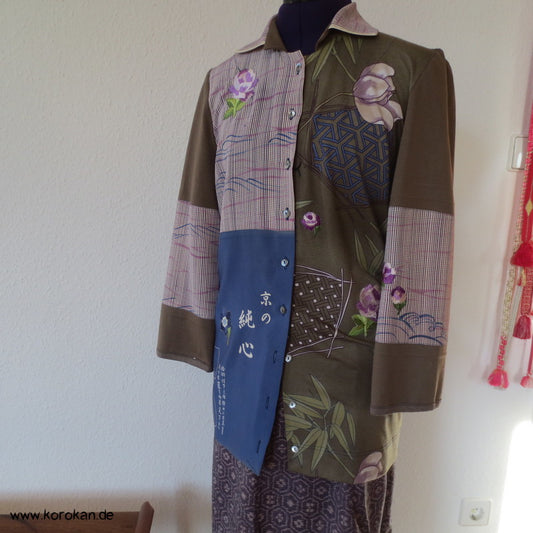 Blüten, Kanji, Stickerei, Seide, Viscose, Baumwolljersey Zero Waste langarm Bluse