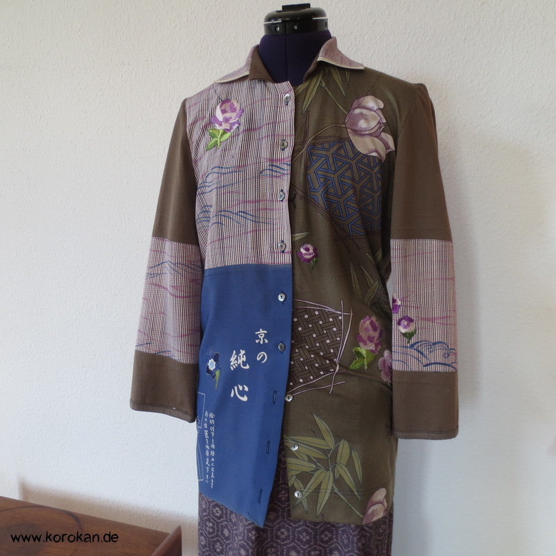 Blüten, Kanji, Stickerei, Seide, Viscose, Baumwolljersey Zero Waste langarm Bluse