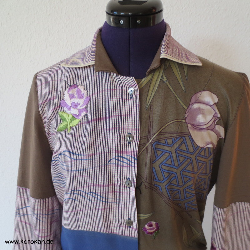 Blüten, Kanji, Stickerei, Seide, Viscose, Baumwolljersey Zero Waste langarm Bluse