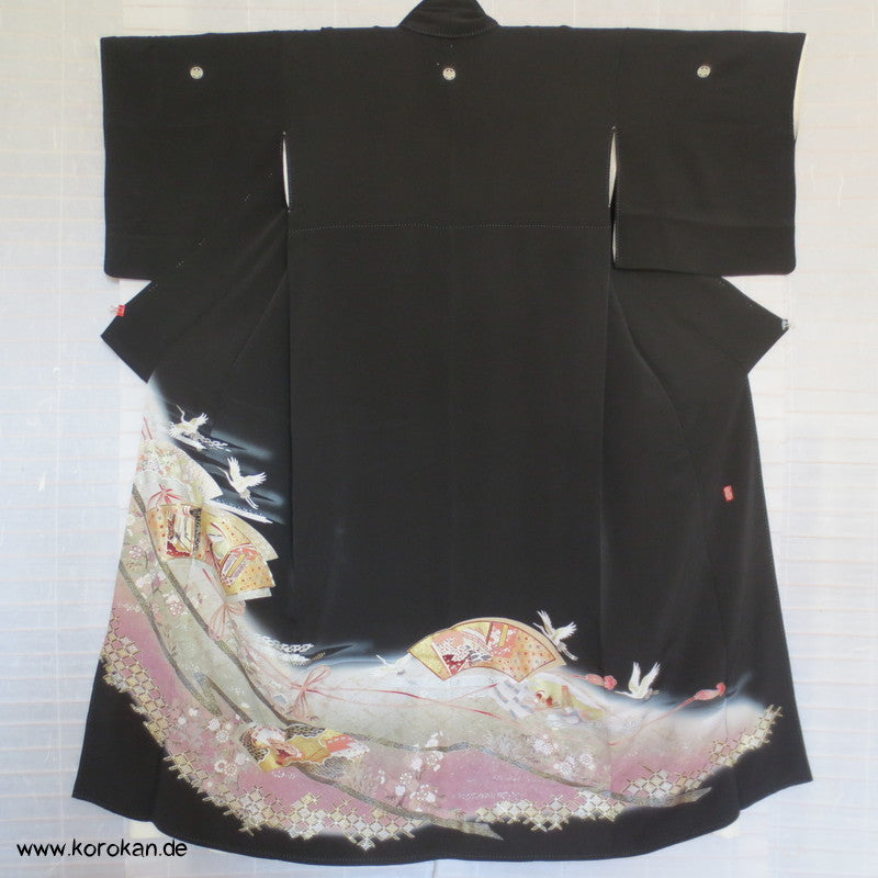 Silber Kraniche über Sayagata Bändern Tomesode Seiden Kimono