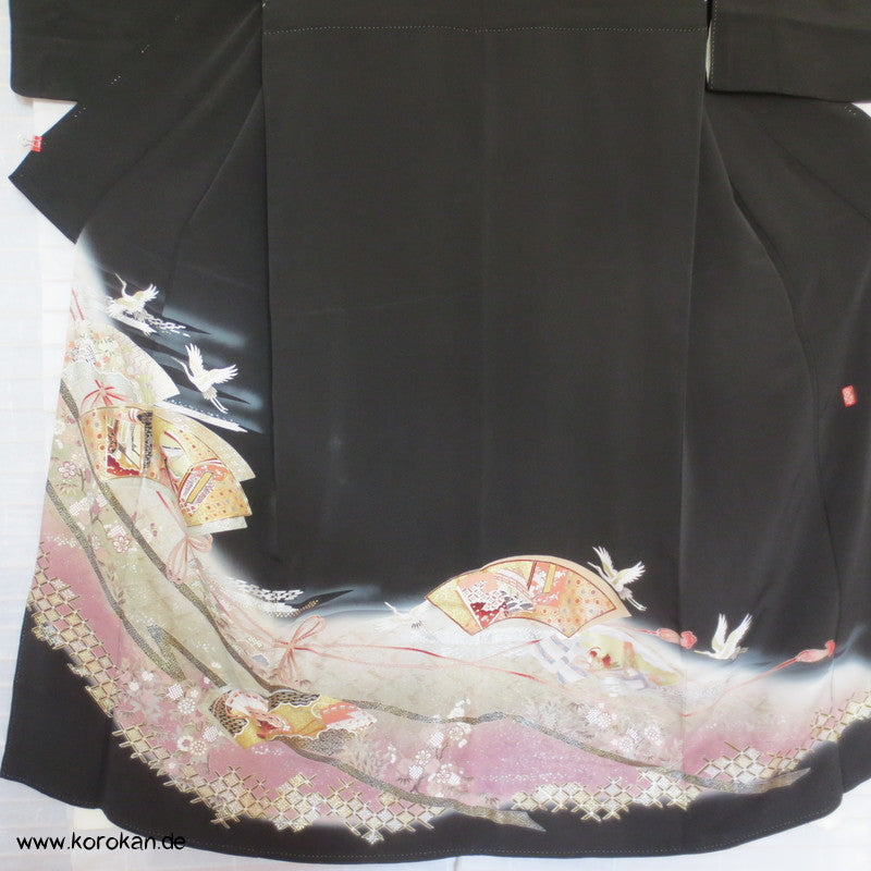 Silber Kraniche über Sayagata Bändern Tomesode Seiden Kimono