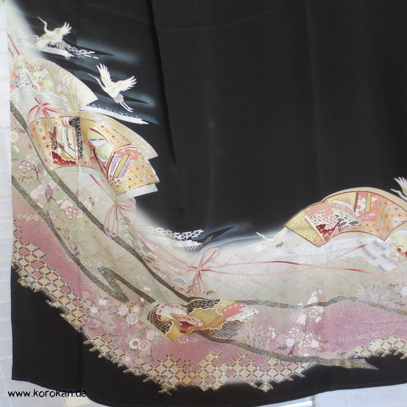 Silber Kraniche über Sayagata Bändern Tomesode Seiden Kimono