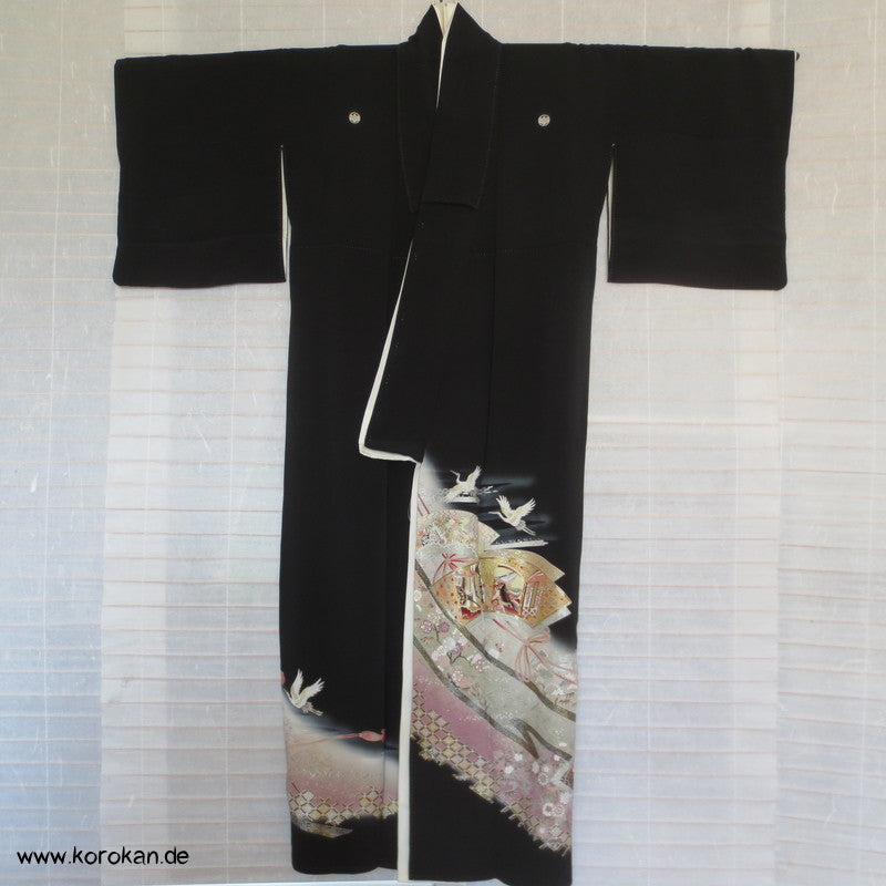 Silber Kraniche über Sayagata Bändern Tomesode Seiden Kimono