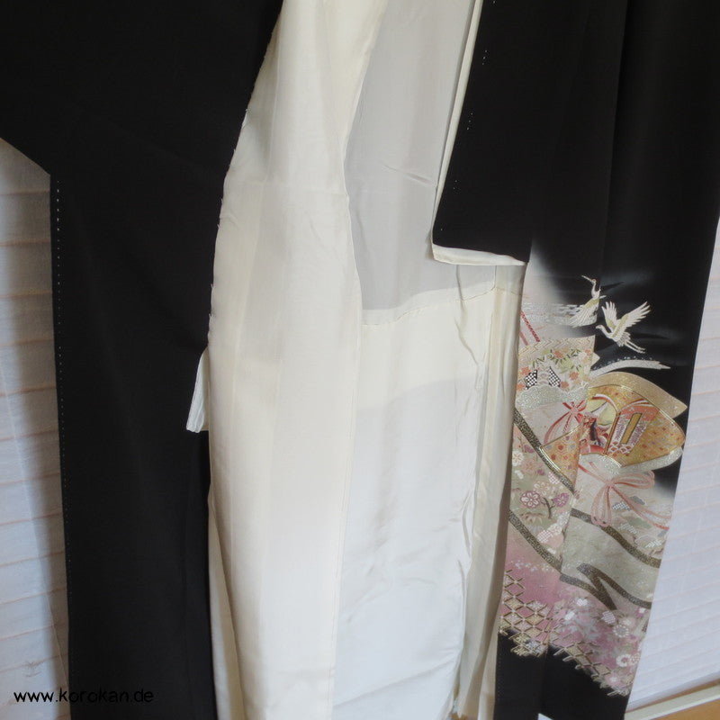 Silber Kraniche über Sayagata Bändern Tomesode Seiden Kimono