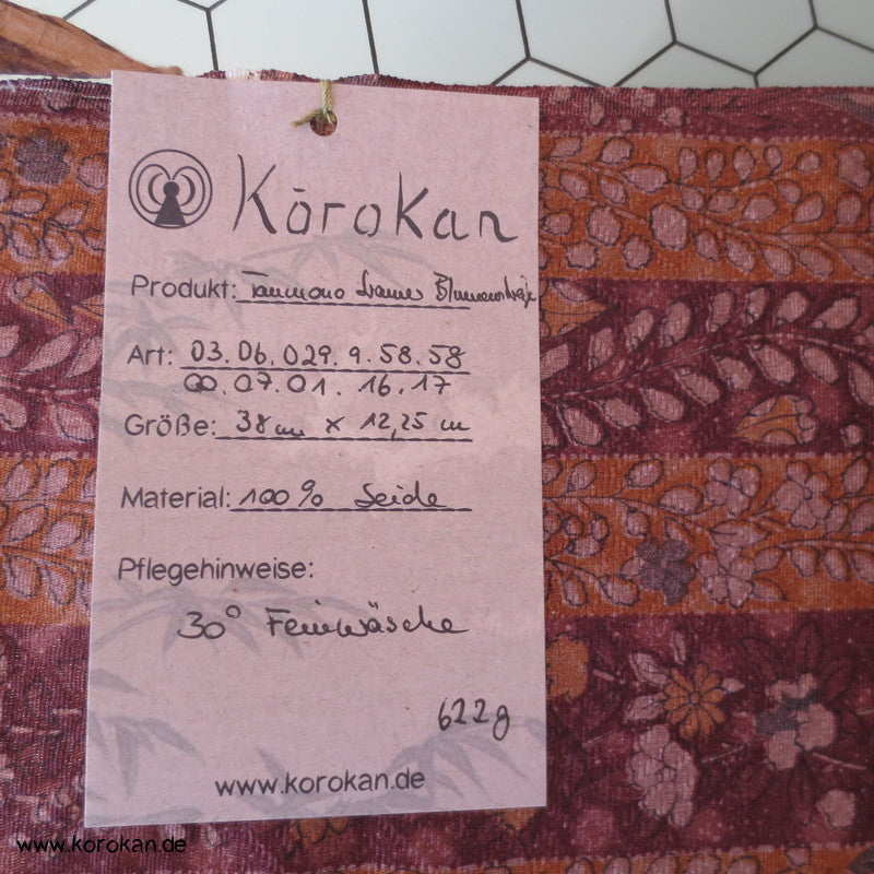 braune Blütenstreifen Kimono Seiden Rinzu Damast