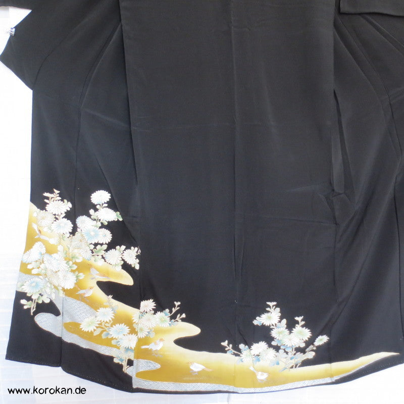 gestickte Vögel / Spatzen? Tomesode Seiden Kimono - antik