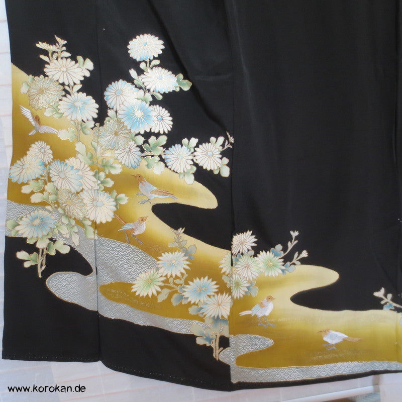gestickte Vögel / Spatzen? Tomesode Seiden Kimono - antik