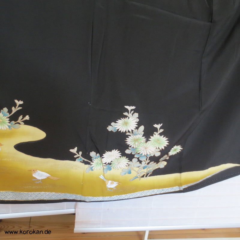 gestickte Vögel / Spatzen? Tomesode Seiden Kimono - antik