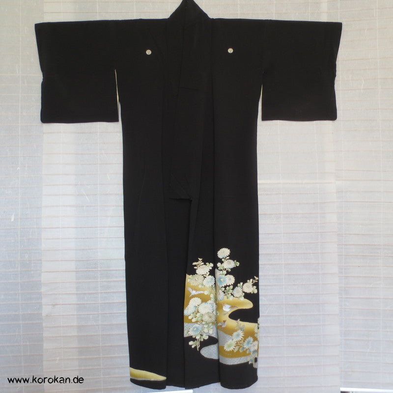 gestickte Vögel / Spatzen? Tomesode Seiden Kimono - antik