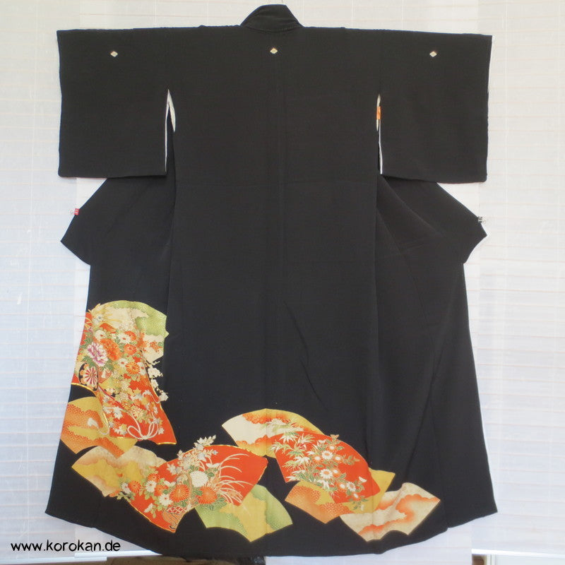 Blumen, Fächern, Goldstickerei Tomesode Seiden Kimono