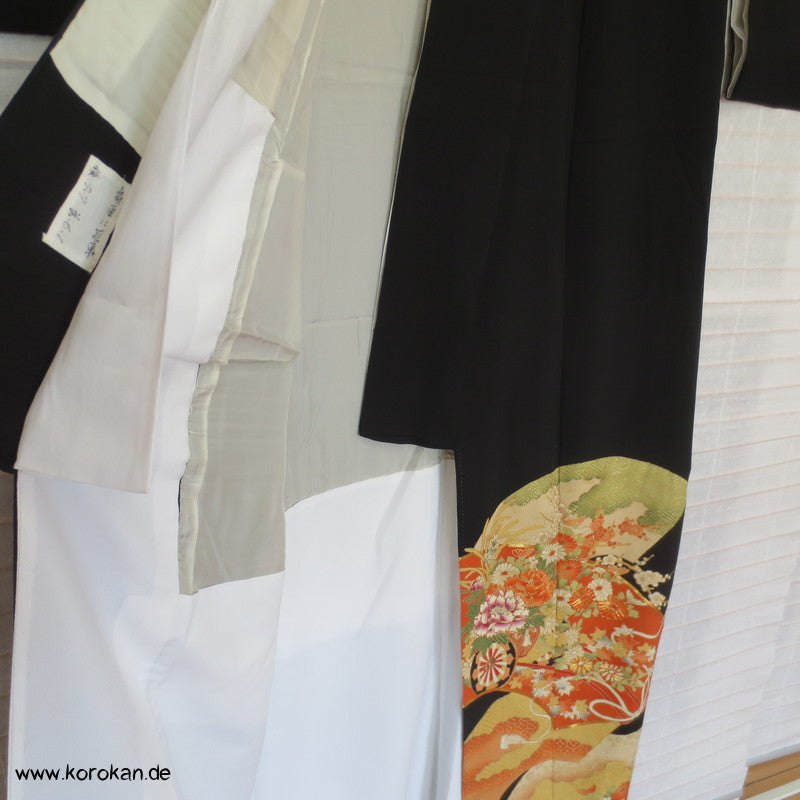 Blumen, Fächern, Goldstickerei Tomesode Seiden Kimono