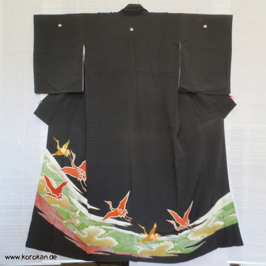 Kraniche, bestickt in Gold und Silber Tomesode Seiden Kimono