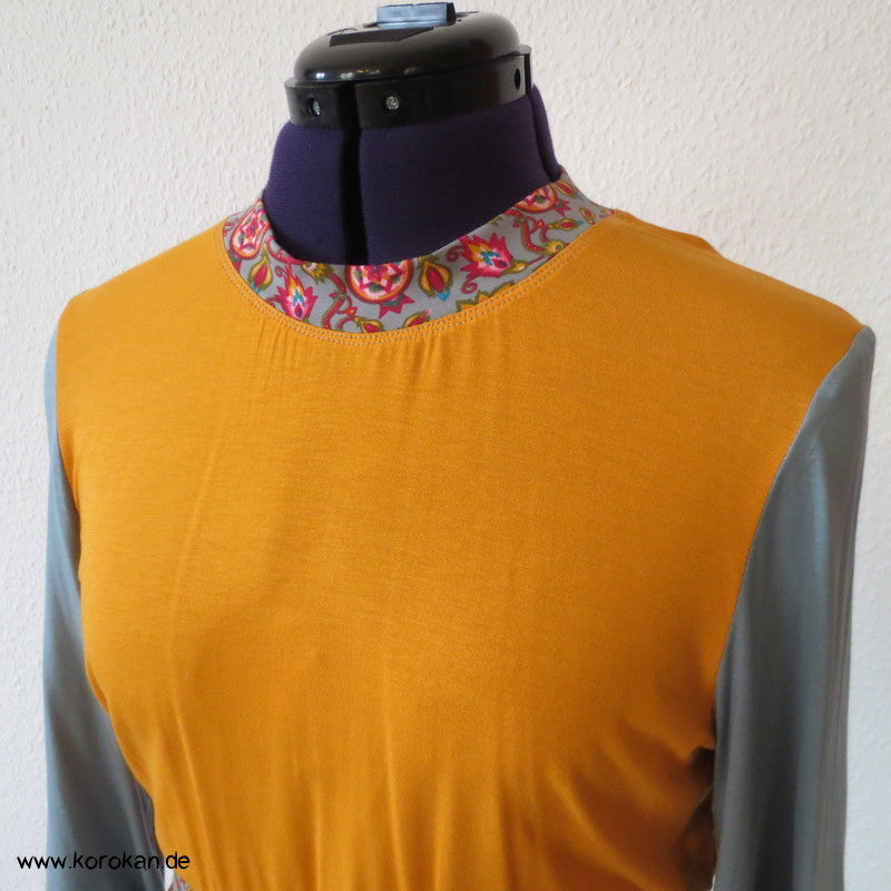 Kombistoffe Jerseykleid, orange, petrol, abgesetzte Kanten