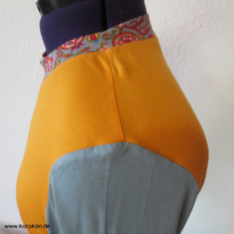 Kombistoffe Jerseykleid, orange, petrol, abgesetzte Kanten