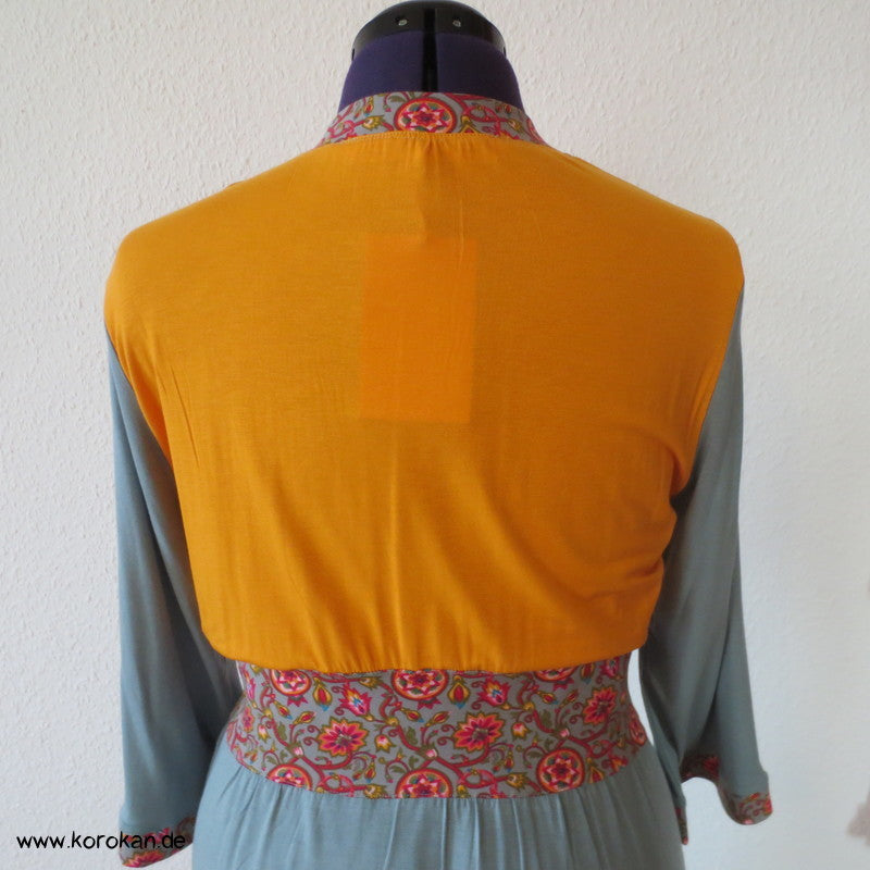 Kombistoffe Jerseykleid, orange, petrol, abgesetzte Kanten
