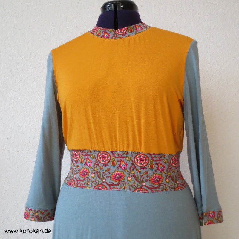 Kombistoffe Jerseykleid, orange, petrol, abgesetzte Kanten