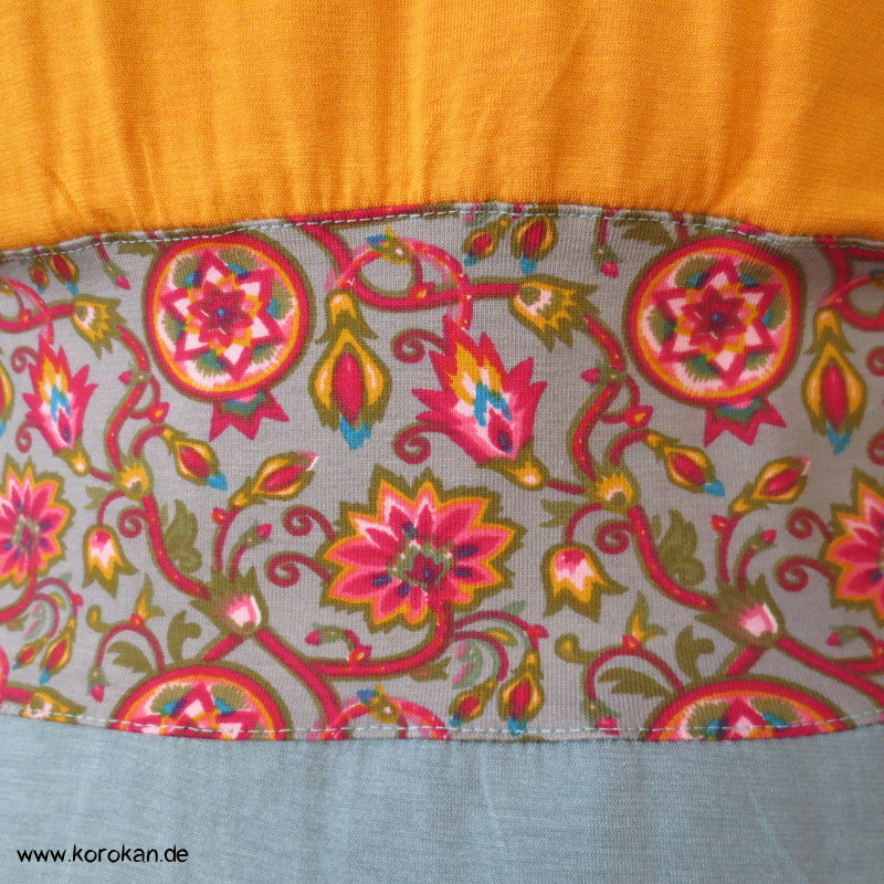 Kombistoffe Jerseykleid, orange, petrol, abgesetzte Kanten
