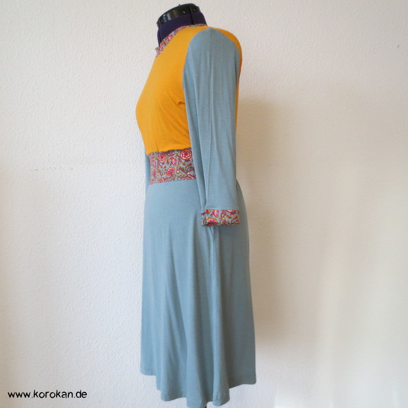 Kombistoffe Jerseykleid, orange, petrol, abgesetzte Kanten
