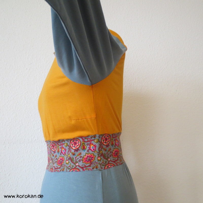 Kombistoffe Jerseykleid, orange, petrol, abgesetzte Kanten