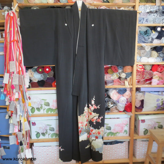 Sakura Zweige, grüner Ahorn Tomesode Seiden Kimono