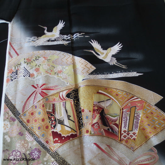 Silber Kraniche über Sayagata Bändern Tomesode Seiden Kimono