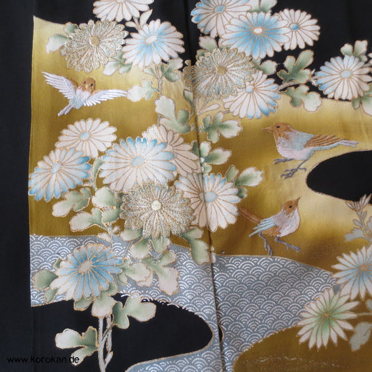 gestickte Vögel / Spatzen? Tomesode Seiden Kimono - antik