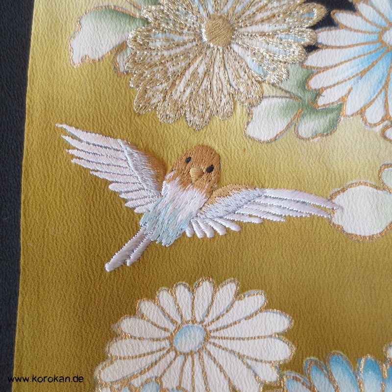 gestickte Vögel / Spatzen? Tomesode Seiden Kimono - antik