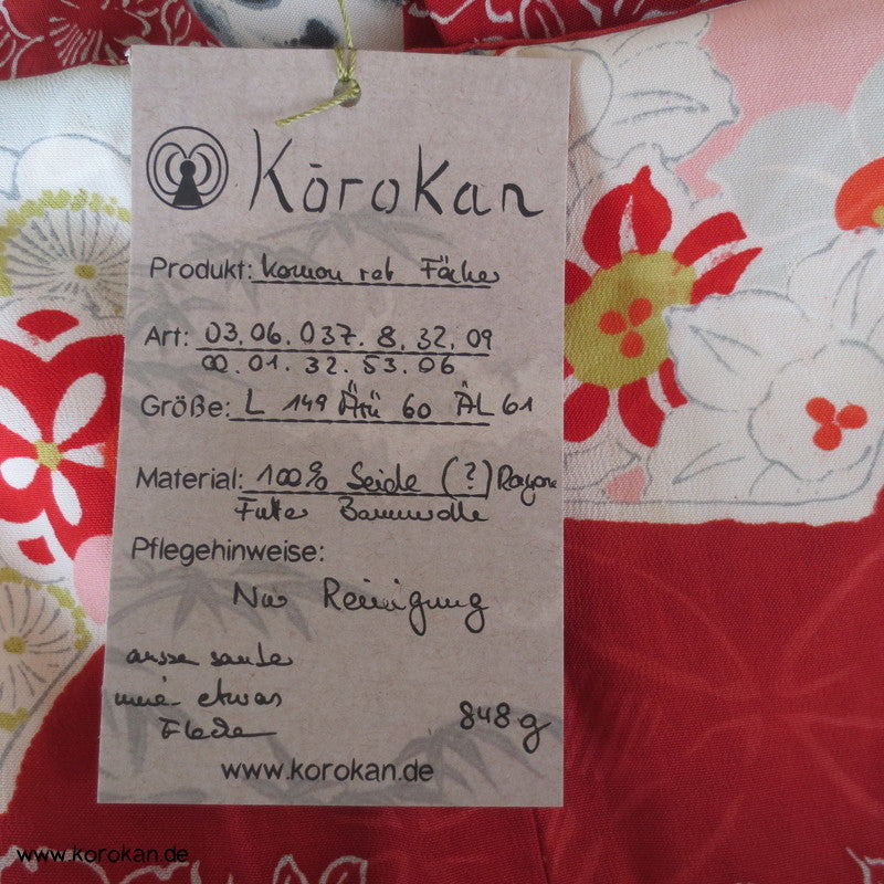 Fächer auf rotem Grund Seidentaft Komon Kimono
