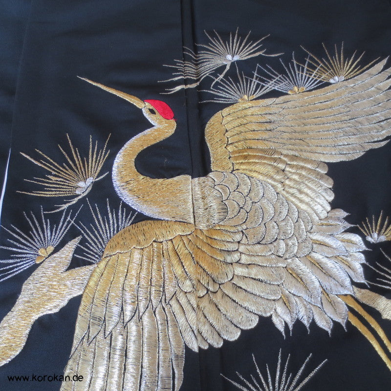 Kraniche gestickt in Gold und Silber Tomesode Kimono