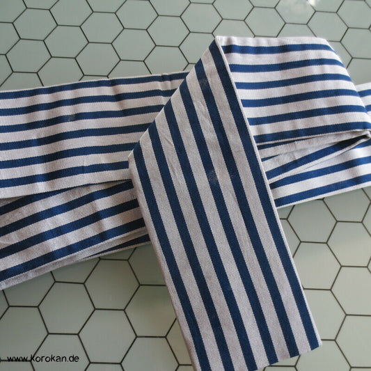 Kaku Obi Seiden Kimono Gürtel silber grau blau gestreift