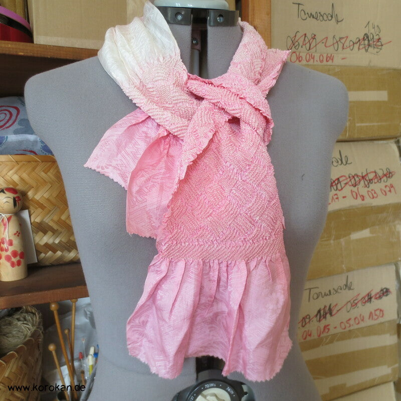 Obiage Seide Karo Shibori, rosa weiß Farbverlauf