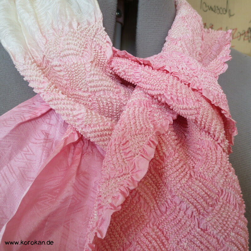 Obiage Seide Karo Shibori, rosa weiß Farbverlauf