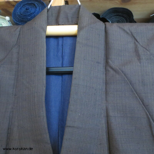 Men's Tsumugi Kimono, braun schwarz kariert