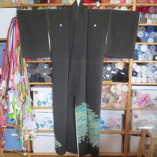 blaugrüner Bambuswald bestickter Tomesode Kimono