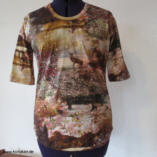 Hirsch und Kirschblüten Baumwolljersey Halbarm Shirt