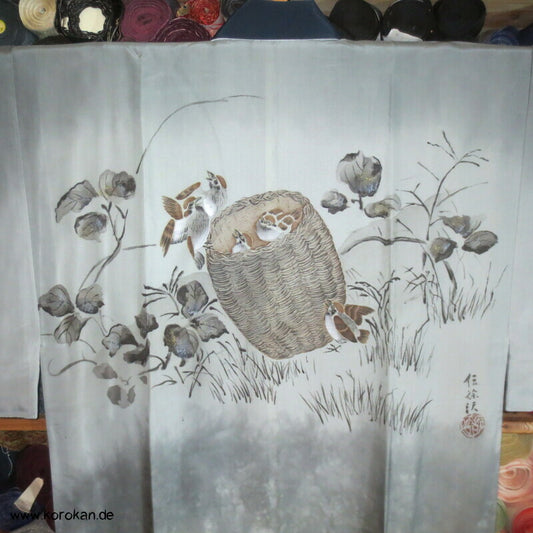 Spatzen im Korb Seidenmalerei Juban Kimono