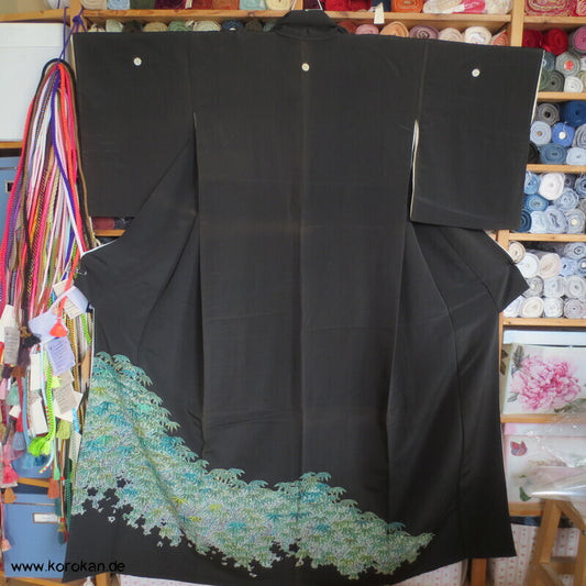blaugrüner Bambuswald bestickter Tomesode Kimono
