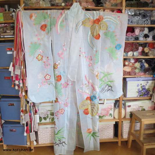 Stickereien mit Kranichen Sha Seiden - Furisode, prächtig