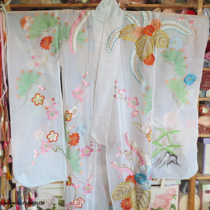 Stickereien mit Kranichen Sha Seiden - Furisode, prächtig