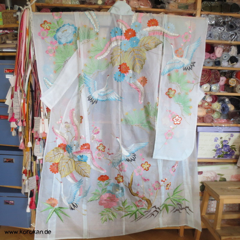Stickereien mit Kranichen Sha Seiden - Furisode, prächtig