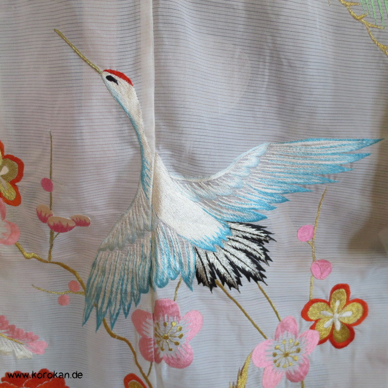 Stickereien mit Kranichen Sha Seiden - Furisode, prächtig