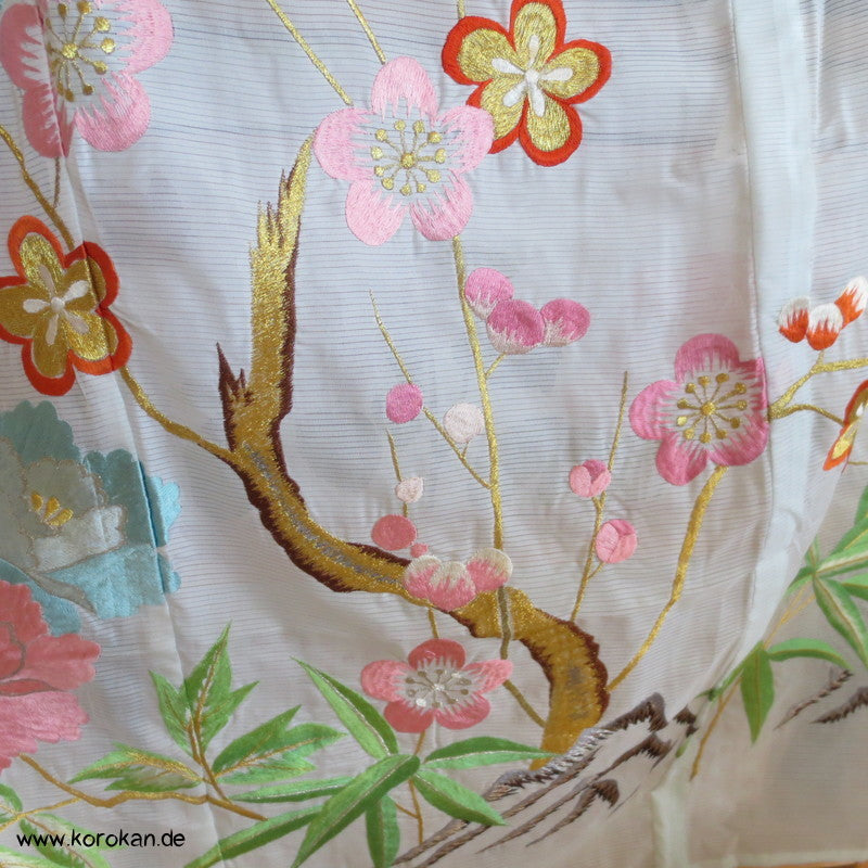 Stickereien mit Kranichen Sha Seiden - Furisode, prächtig