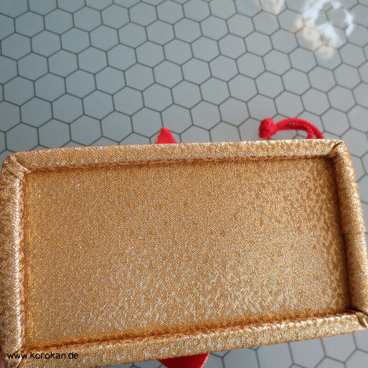 Zugbeutel - Tasche rechteckige goldene Basis - rote Bänder