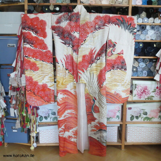 Furisode Kimono Sommer Rho Seide, riesige Kraniche vor Wellen und Kiefern