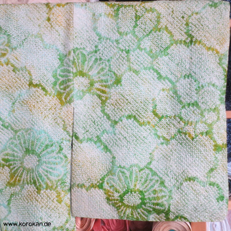 Full Shibori hellgrüne Blüten Seidendamast Haori Kimonojacke mit Himo