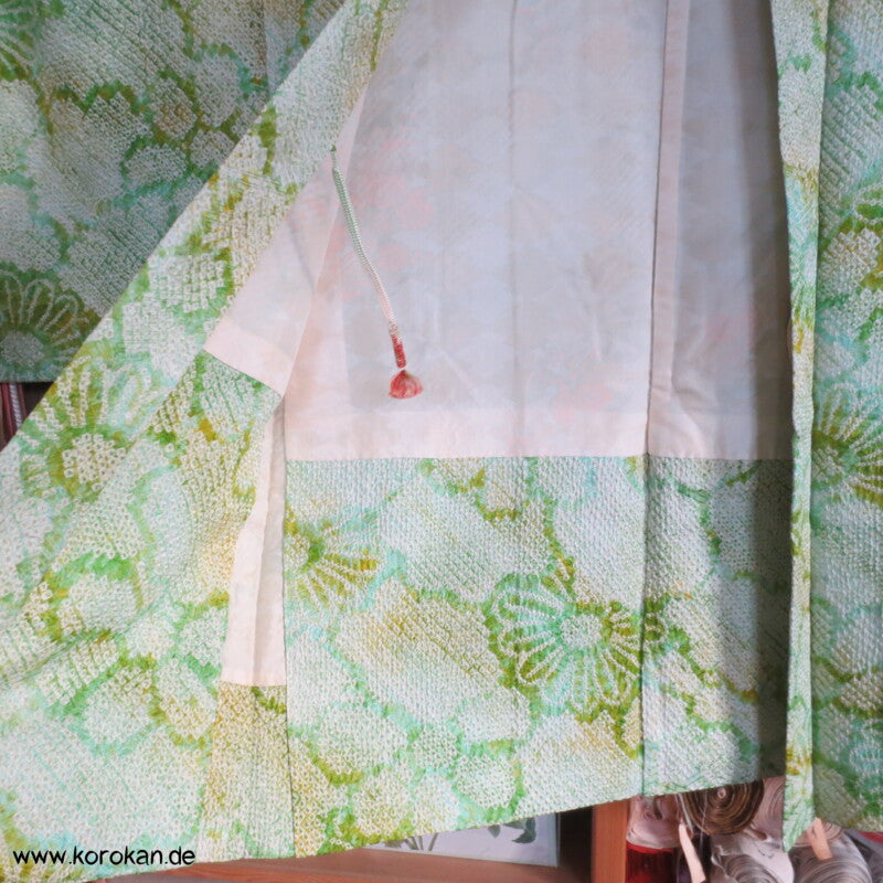 Full Shibori hellgrüne Blüten Seidendamast Haori Kimonojacke mit Himo
