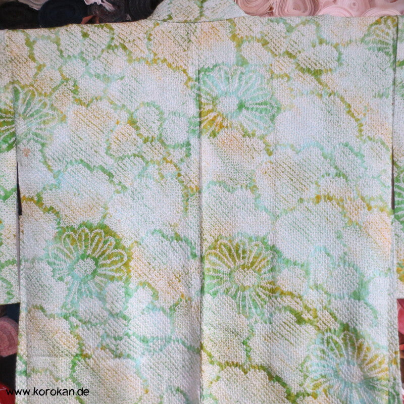 Full Shibori hellgrüne Blüten Seidendamast Haori Kimonojacke mit Himo