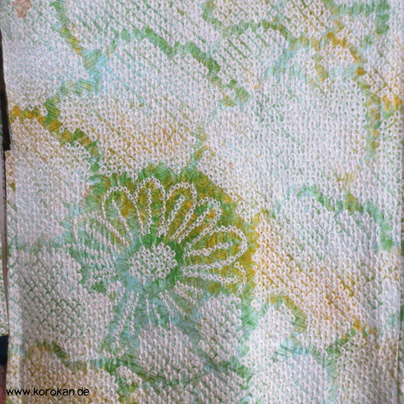 Full Shibori hellgrüne Blüten Seidendamast Haori Kimonojacke mit Himo